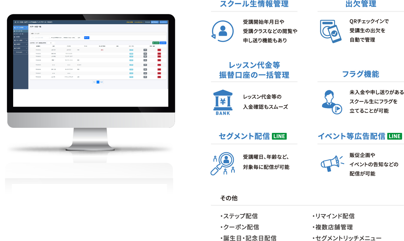 スクール生情報管理・出欠管理・レッスン代金等振替口座の一括管理・フラグ機能・セグメント配信[LINE]・イベント等広告配信[LINE]・その他（ステップ配信・リマインド配信・クーポン配信・複数店舗管理・誕生日・記念日配信・セグメントリッチメニュー）