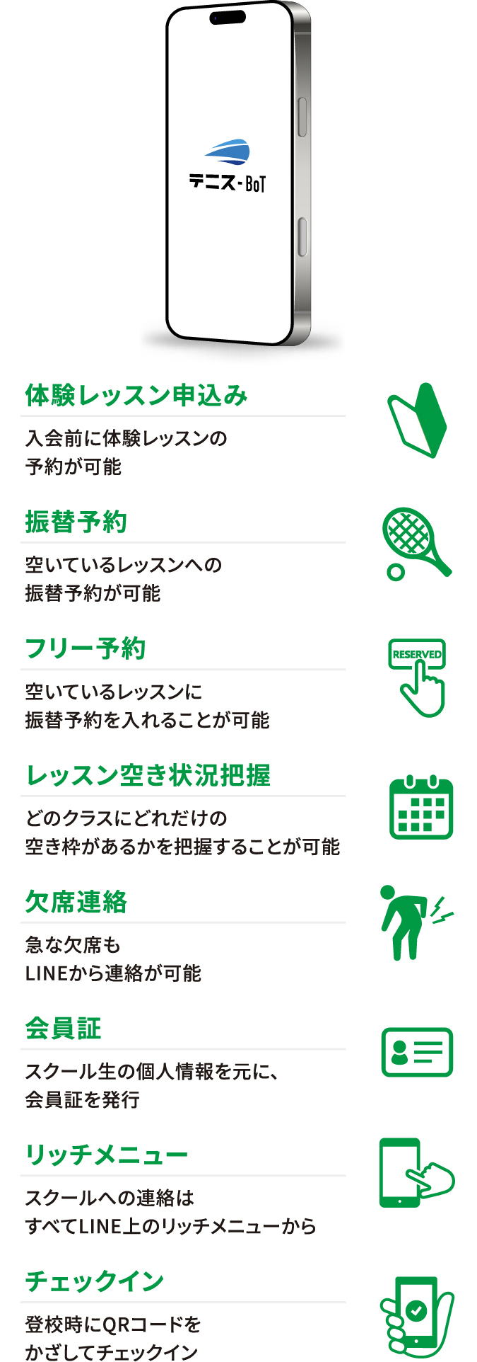 体験レッスン申込み・欠席連絡・振替予約・会員証・フリー予約・リッチメニュー・レッスン空き状況把握・チェックイン